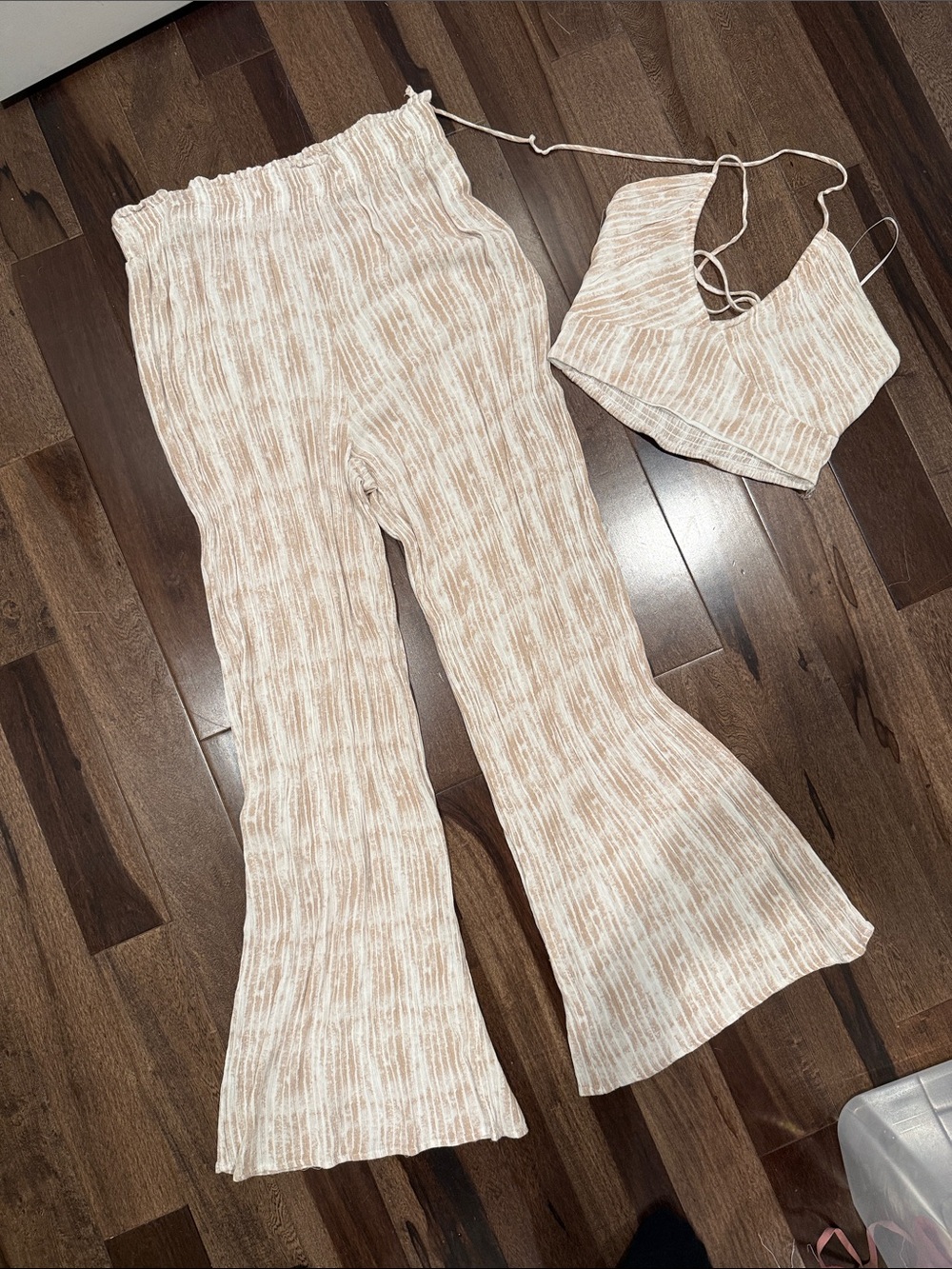 Beige Ribbed Knit Flared Pants and halter crop top set - Windsor